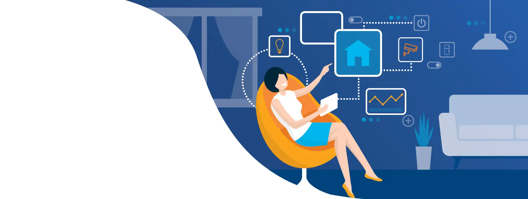 illustration of woman in living room with floating smart home icons