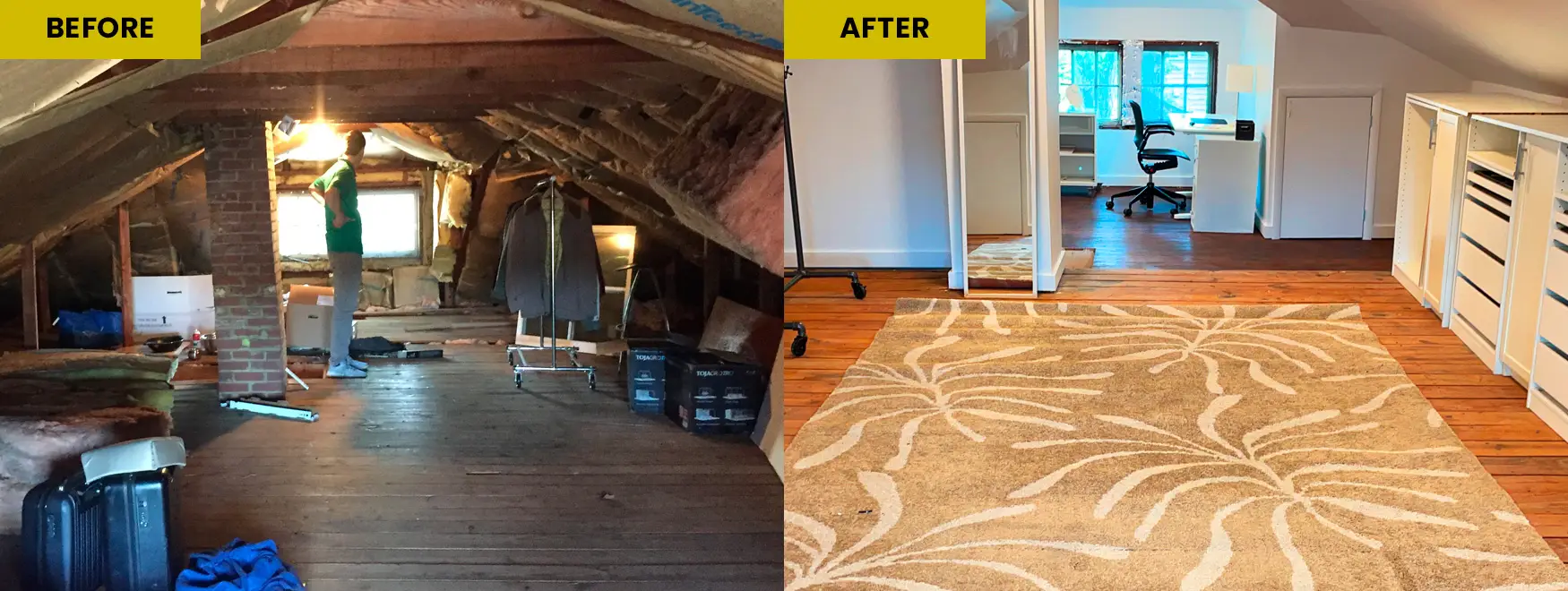 Before and After photo of the attic