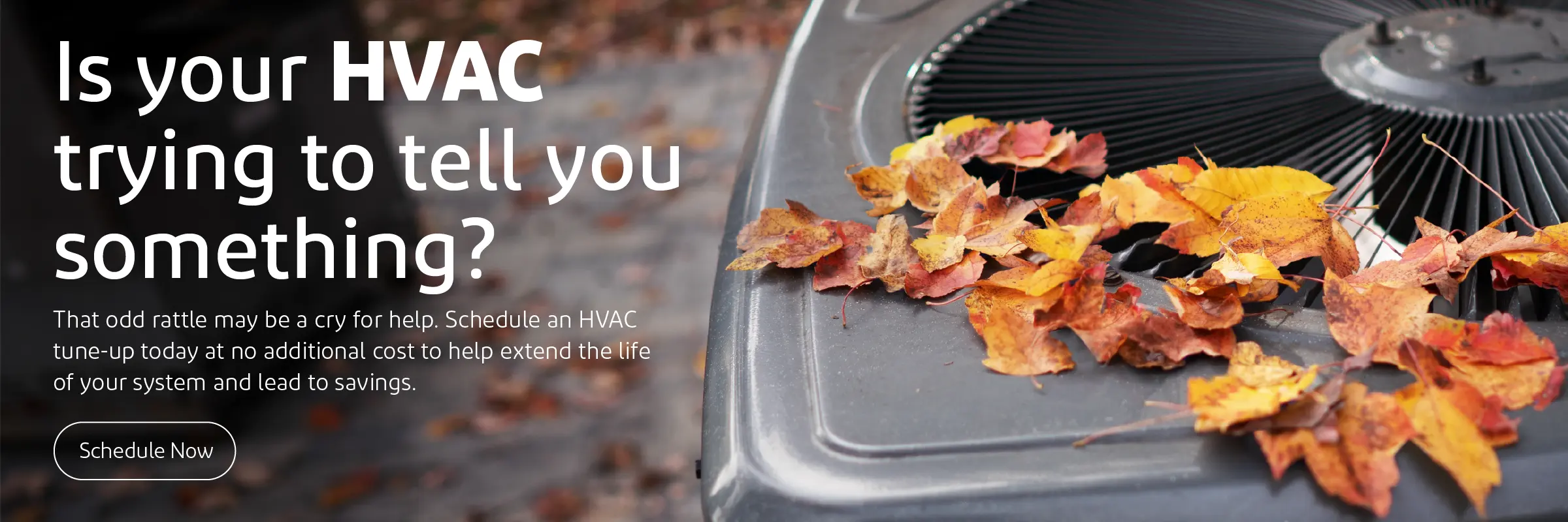 Is your HVAC trying to tell you something? That odd rattle may be a cry for help. Schedule an HVAC tune-up today at no additional cost to help extend the life of your system and lead to savings.