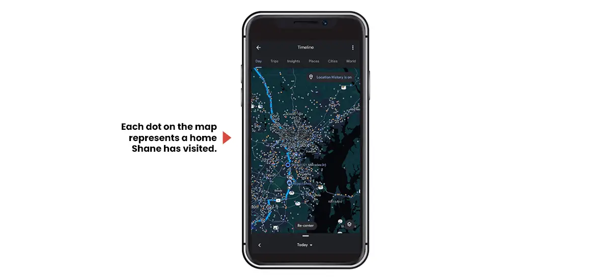 Each dot on the map represents a home Tyrell has visited.